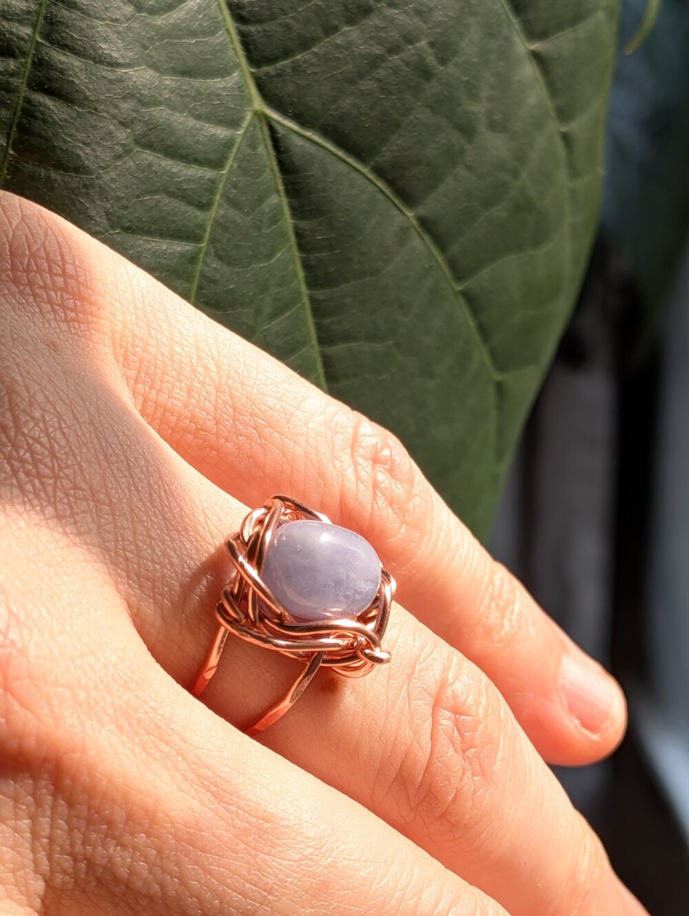 Dreamy Blue Chalcedony Gemstone Ring Hand Wrapped In Copper